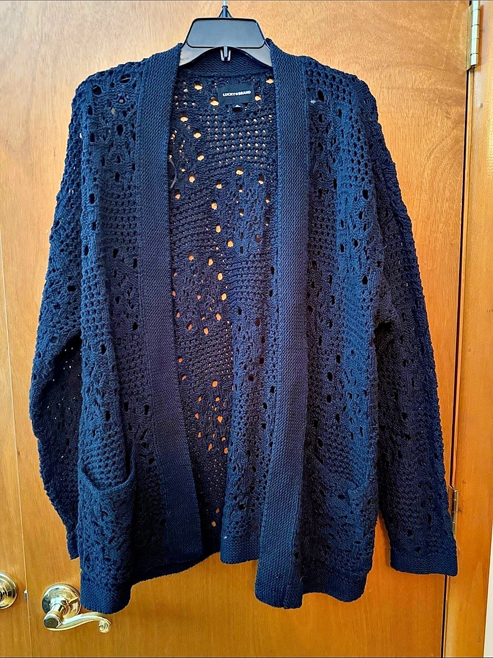 Lucky Brand Mixed Stitch Crochet Open Front Cardigan Black Medium